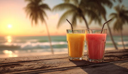 Two glasses of fresh smoothies on a tropical beach with palm trees.の写真素材