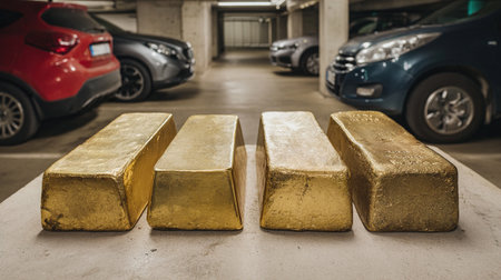 Gold bars in a car garage. Selective focus and shallow depth of field.の写真素材