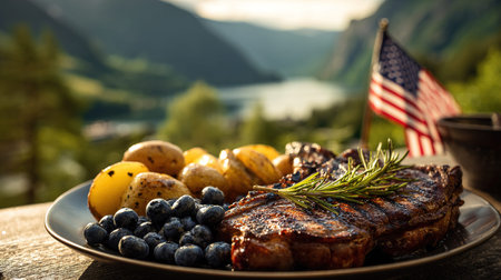 Grilled steak with fresh blueberries and rosemary on wooden table