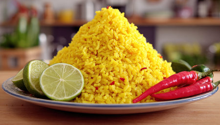 Close up of yellow rice with chili pepper and lime on table in kitchen