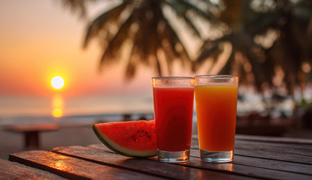 Two glasses of fresh watermelon juice on the beach at sunset.の写真素材