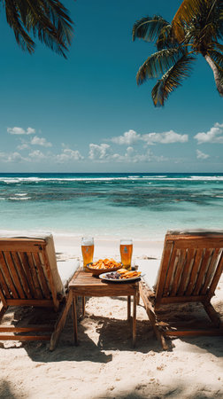 Two glasses of beer on a tropical beach in the Maldives.