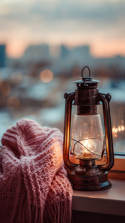 Lantern with a warm scarf on the windowsill on a winter evening.の写真素材