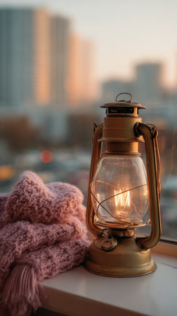 Lantern with a warm scarf on the balcony in the eveningの写真素材