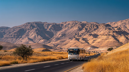 Tourist bus on the road in the mountains of the Negev Desert in Israelの写真素材