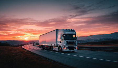 Truck on the road at sunset. Transportation and logistics concept.の写真素材