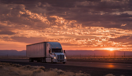 A long haul semi truck driving on a highway at sunset with a dramatic sky.