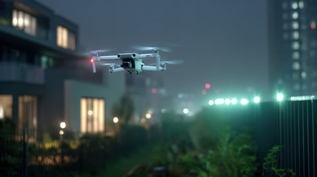 Drone with digital camera flying in the night. 3D rendering.の写真素材