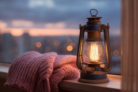 Lantern with knitted scarf on the windowsill at sunsetの写真素材