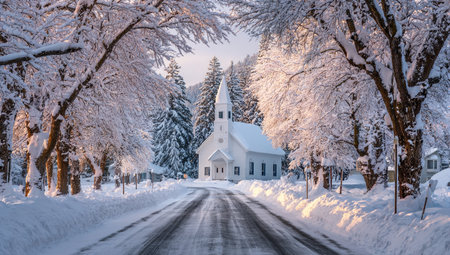 Church in the winter forest. Beautiful winter landscape with snow covered trees.の写真素材