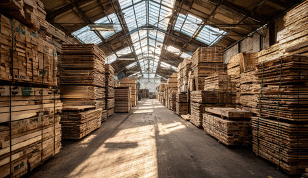 Warehouse interior with stacks of wooden pallets. Industrial background.の写真素材