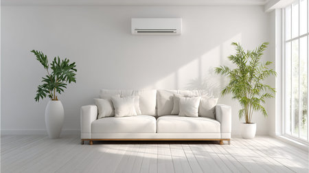 Modern bright interiors 3D rendering illustration. Living room with air conditioning