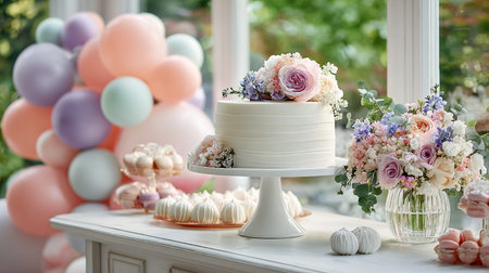 Beautiful wedding cake with flowers and balloons on table, closeup