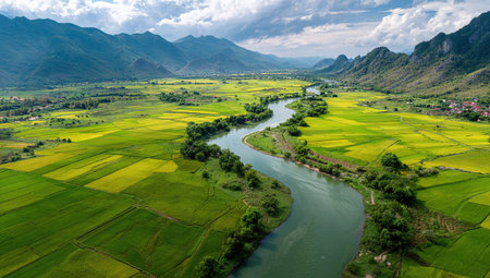 Aerial view of rice field and river in Sapa, Vietnamの写真素材