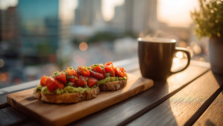 Toast with avocado and strawberries on a wooden board with a cup of coffee in the background