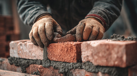 Bricklayer worker laying red brick on the construction site, closeupの写真素材