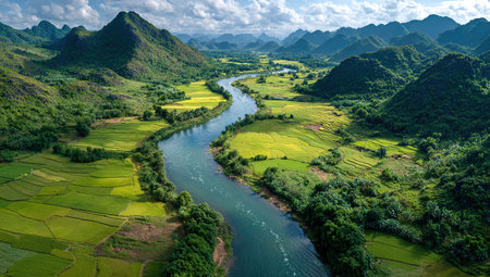 Aerial view of rice terraces with river and mountains in Vietnam