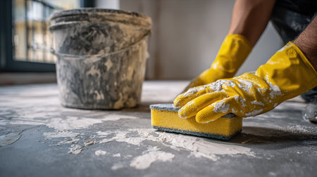Close-up of a worker in yellow gloves cleaning floor with spongeの写真素材