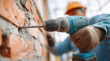 Close-up of a worker drilling a hole in a brick wall