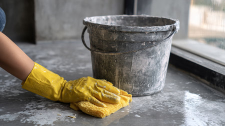 Woman hand in yellow gloves cleaning cement floor with sponge and bucket.の写真素材