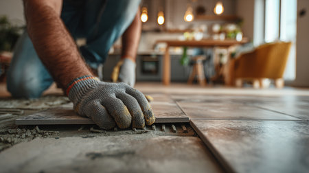Close up of worker laying laminate flooring in the kitchen.の写真素材