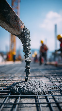 Pouring concrete on construction site. Workers working in the background.の写真素材
