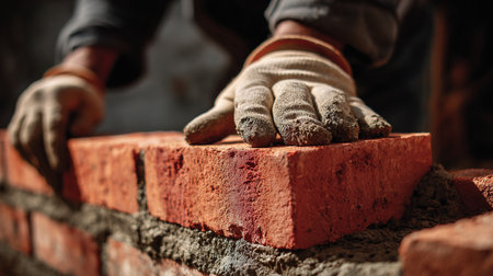 Bricklayer worker laying red brick wall at construction site, closeupの写真素材