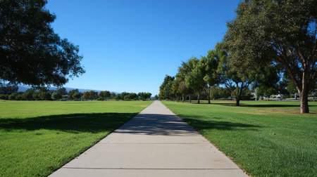 Pathway in the park with green grass and blue sky background.