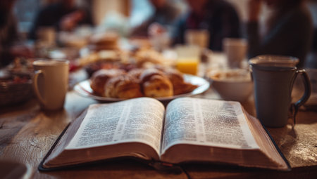 Bread and coffee on wooden table in cafe. Focus on bookの写真素材