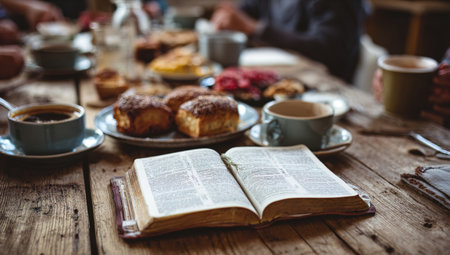 Coffee and cake on the table with book on the backgroundの写真素材