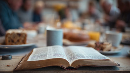 Closeup of a book on a table in a restaurant, shallow depth of fieldの写真素材