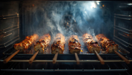 Grilled meat on skewers in the oven. Shallow depth of field.の写真素材