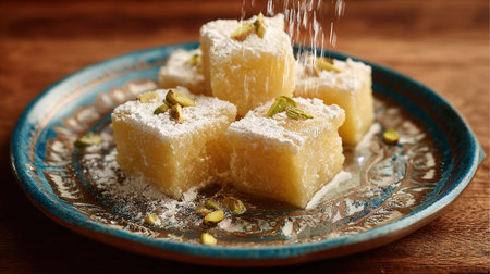 Turkish delight with pistachios on a plate on a wooden backgroundの写真素材