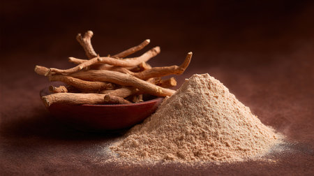 Ginseng root and powder in wooden bowl on brown background.の写真素材