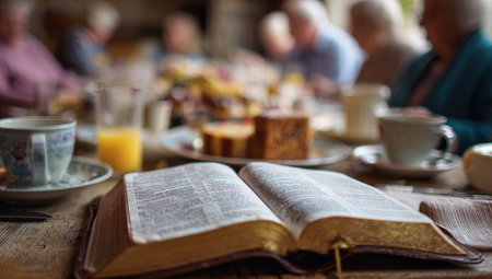 Open book on a wooden table with family in the background.の写真素材