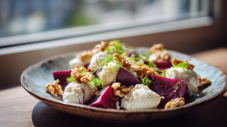 Beetroot salad with feta cheese, walnuts and herbsの写真素材