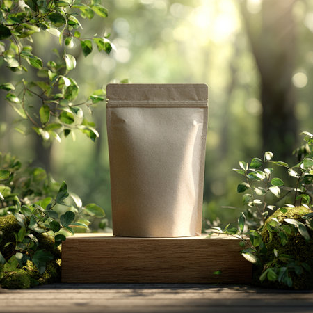 Paper bag for coffee and tea on a wooden stand in the forestの写真素材