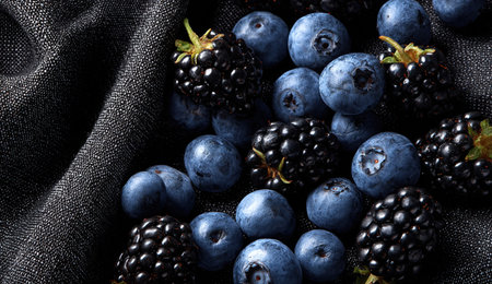 Blackberries and blueberries on black fabric background. Top view.
