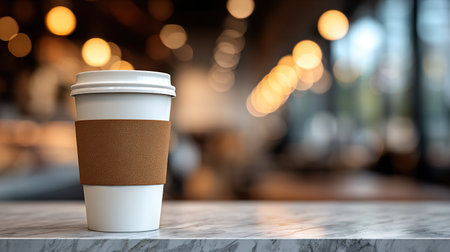 Paper cup of coffee on table in coffee shop with bokeh backgroundの写真素材