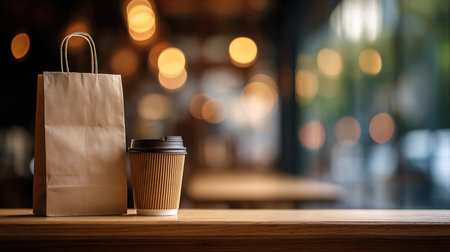 Coffee cup and paper bag on wooden table in coffee shopの写真素材