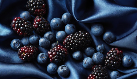 blackberries and blueberries on blue satin background, top viewの写真素材
