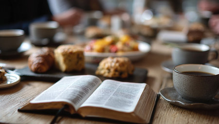 Breakfast with coffee, croissants and cookies on wooden tableの写真素材