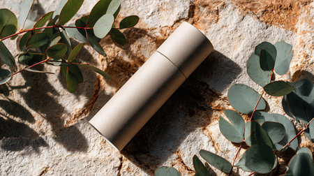 top view of paper tube with eucalyptus branchesle surface