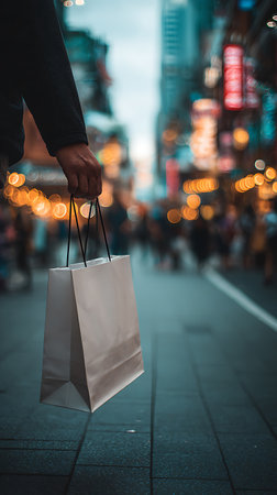 Man holding shopping bags in the city. Shallow depth of fieldの写真素材