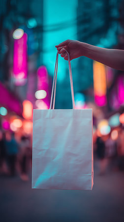 Woman hand holding shopping bag with bokeh background at night.の写真素材