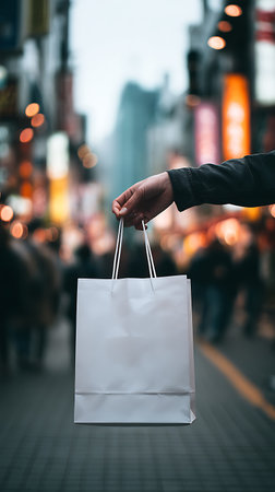 Hand holding shopping bag in the city at night,shopping conceptの写真素材
