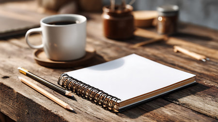 Blank notepad with pencil and cup of coffee on wooden table