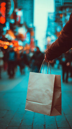 Shopping in New York City. Woman hand holding paper shopping bags.の写真素材