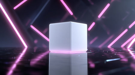 3d rendering, abstract background with neon lights, empty white cube