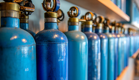 Blue gas cylinders on the shelves in the warehouse. Close-up